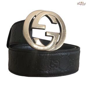 Authentic Gucci Black Guccissima Leather Gold Interlocking G Buckle Belt 80/32